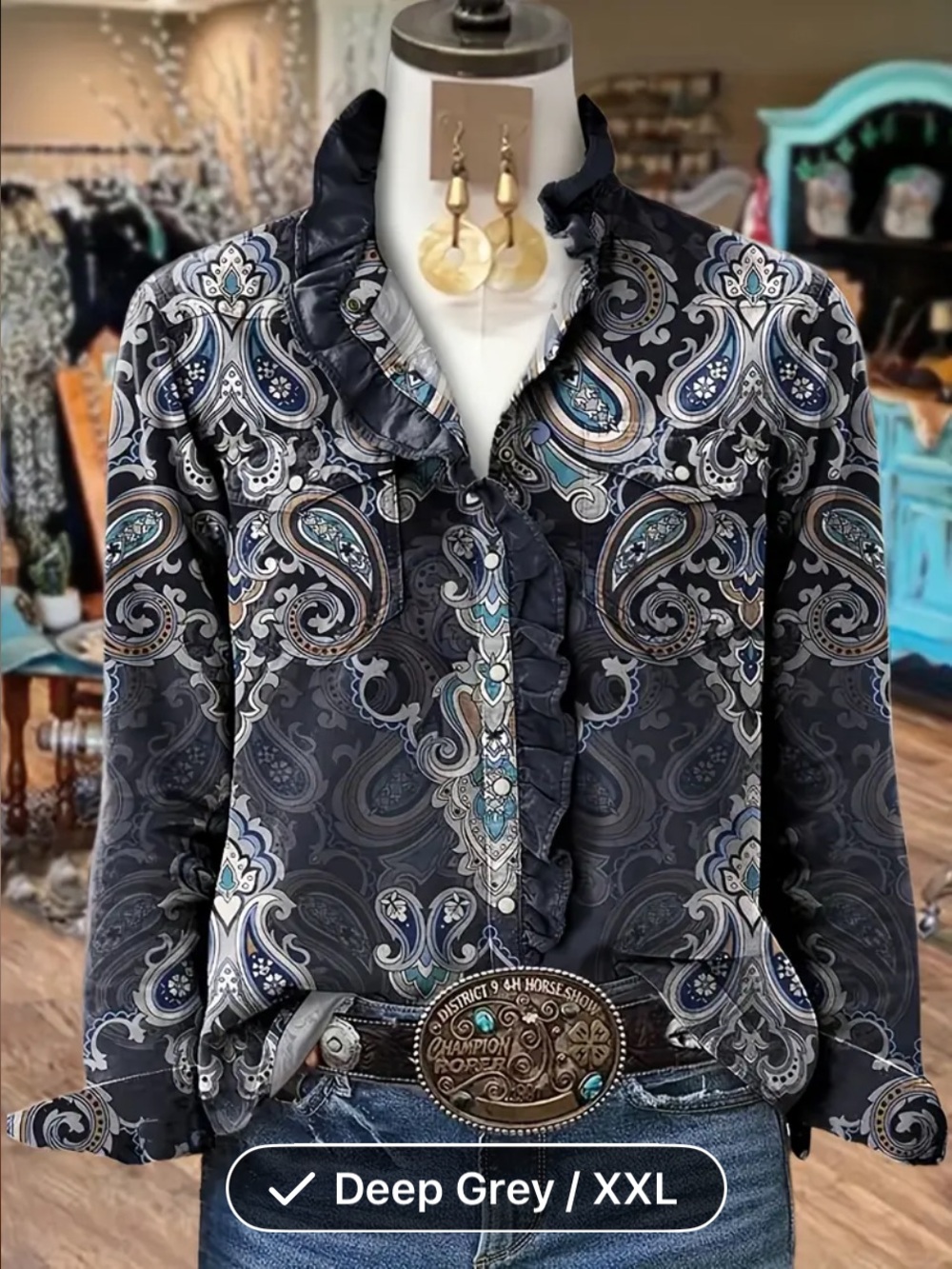 Ruffled Paisley Western Button-Up Blouse in Deep Grey